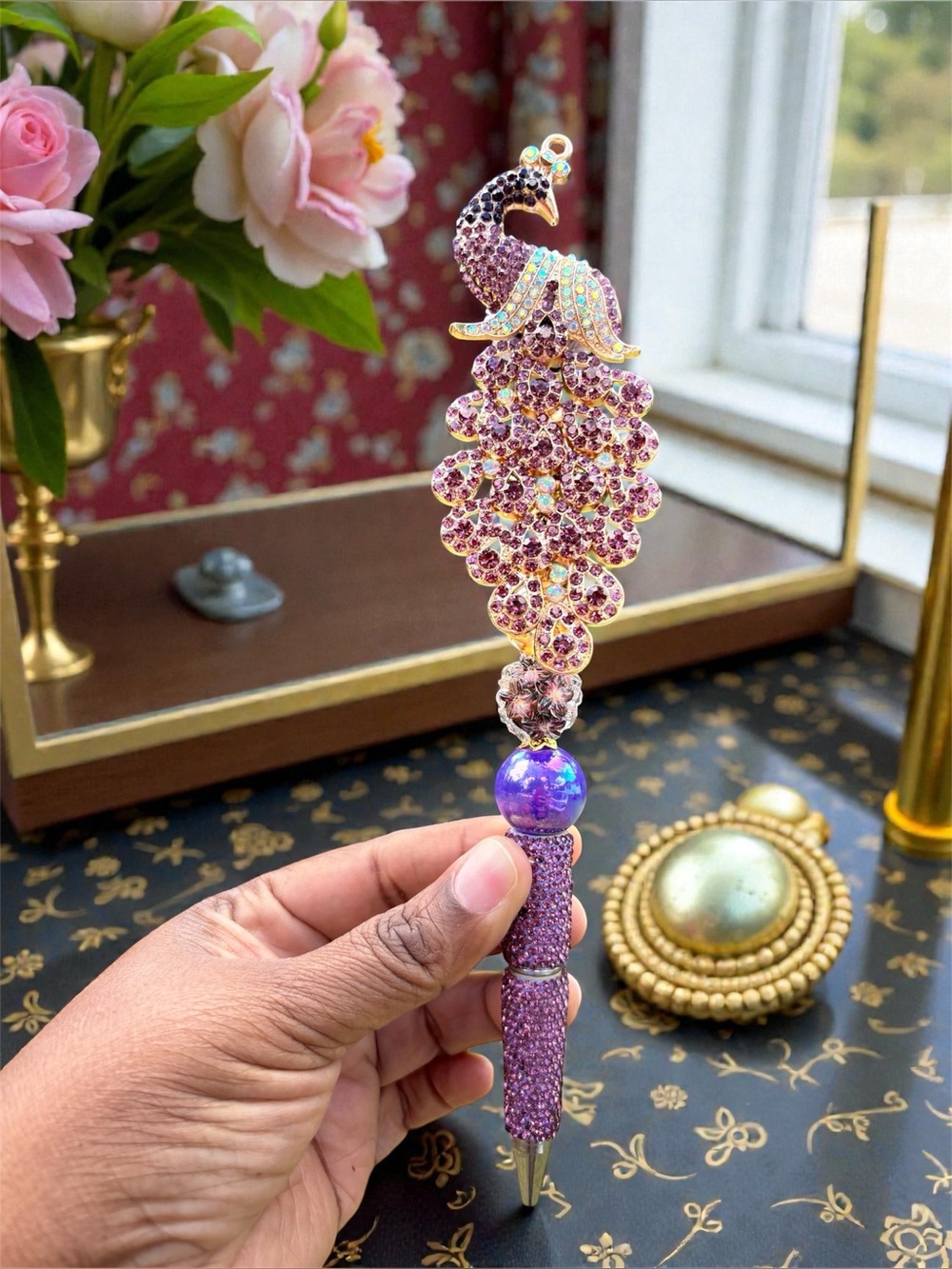 Purple Rhinestone Peacock Pen with purple accents